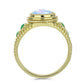 Anillo de Plata Bañada en Oro con Piedra Lunar Arco Iris y Esmeralda de Brasil