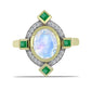 Anillo de Plata Bañada en Oro con Piedra Lunar Arco Iris y Esmeralda de Brasil