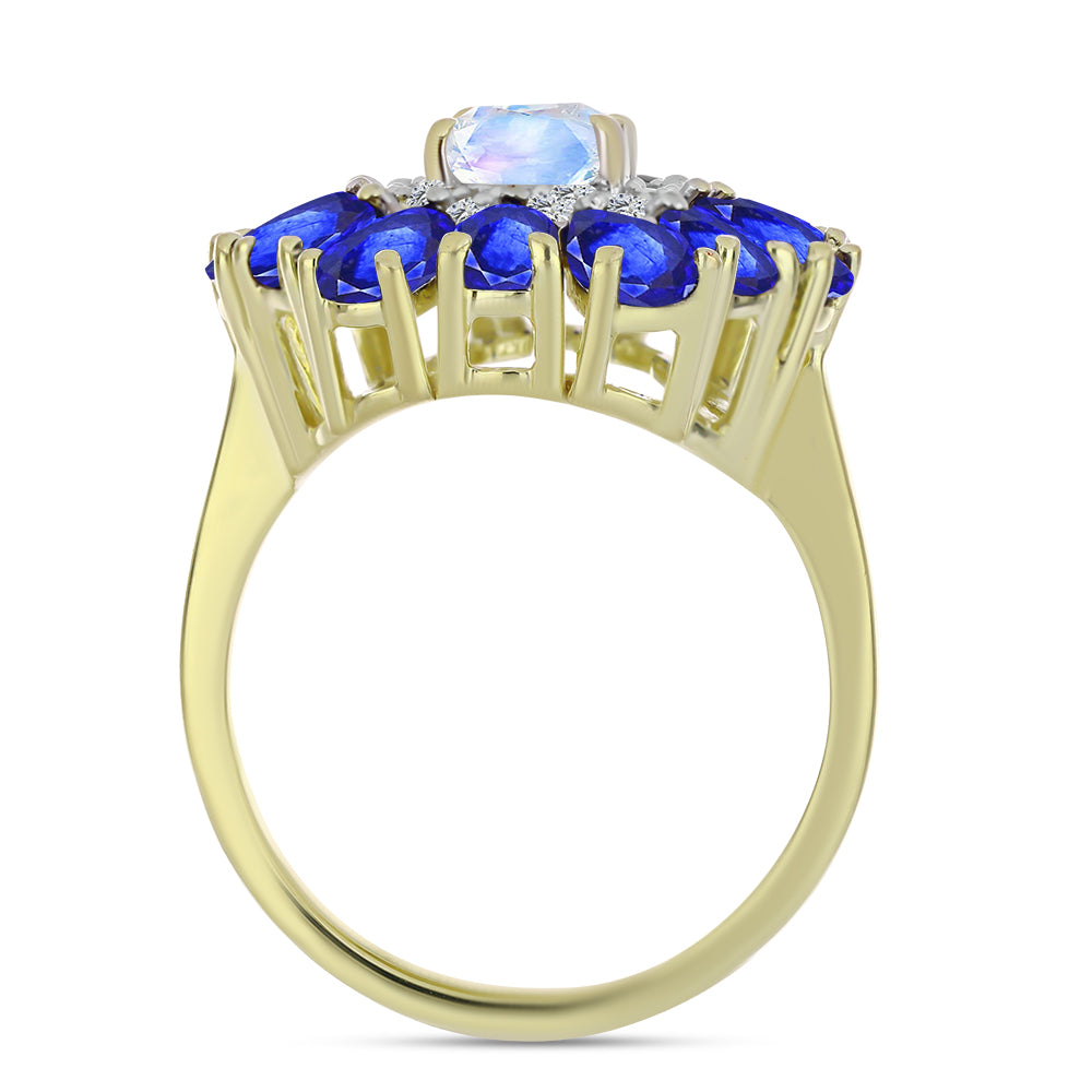 Anillo de Plata Bañada en Oro con Piedra Lunar Arco Iris y Zafiro Azul Australiano 2 