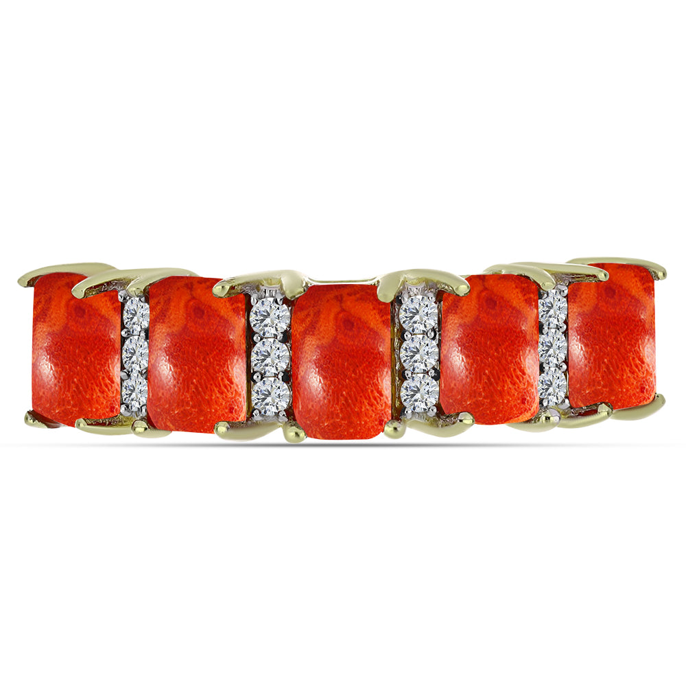 Anillo de Plata Bañada en Oro con Coral de Esponja Roja y Topacio Blanco
