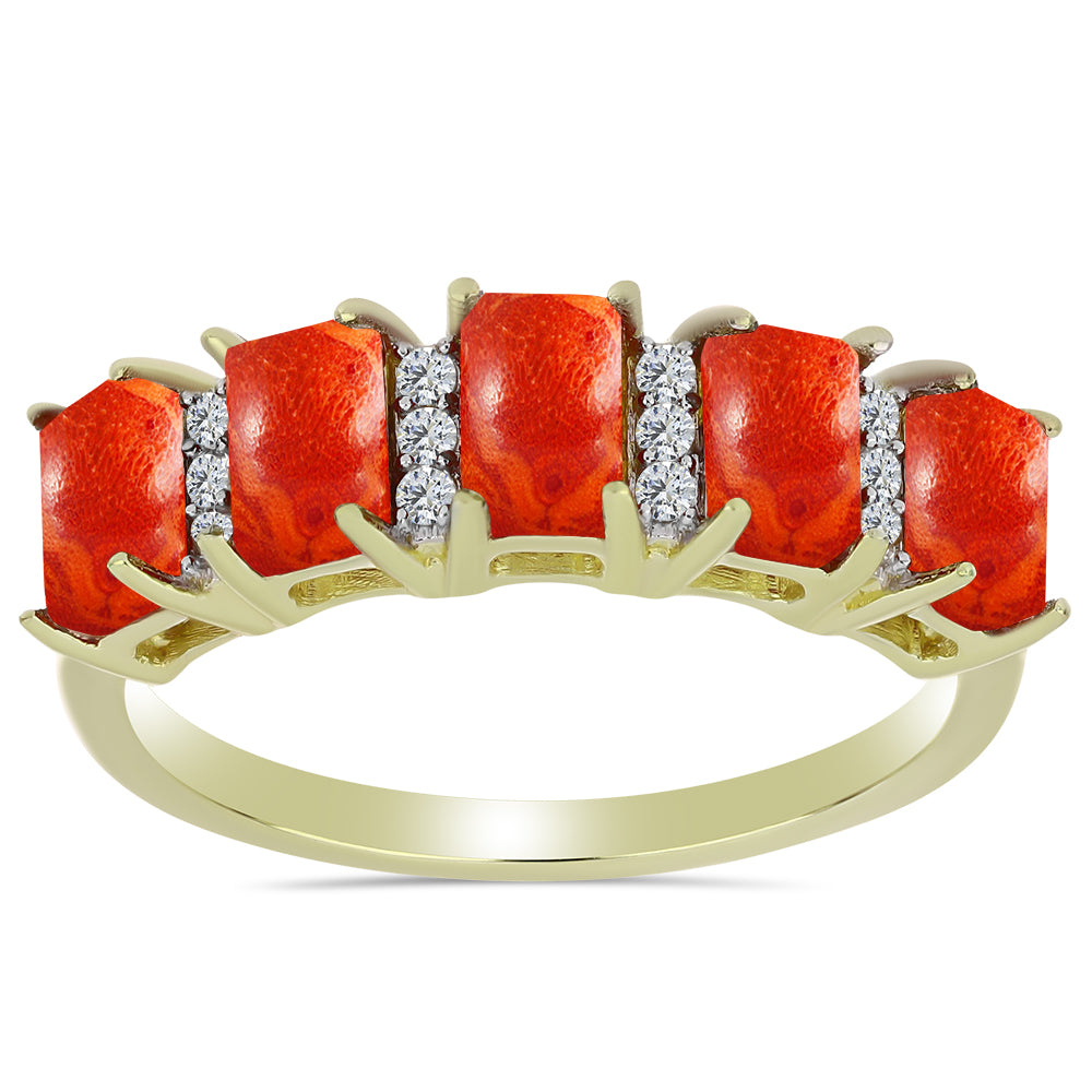 Anillo de Plata Bañada en Oro con Coral de Esponja Roja y Topacio Blanco