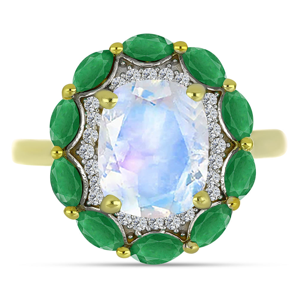 Anillo de Plata Bañada en Oro con Piedra Lunar Arco Iris y Esmeralda de Brasil 1 