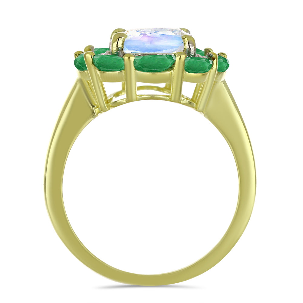Anillo de Plata Bañada en Oro con Piedra Lunar Arco Iris y Esmeralda de Brasil