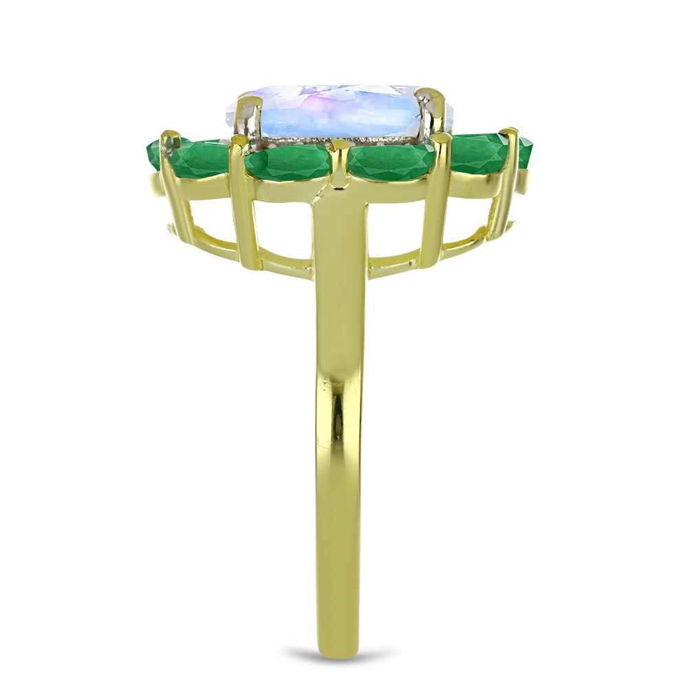 Anillo de Plata Bañada en Oro con Piedra Lunar Arco Iris y Esmeralda de Brasil 4 