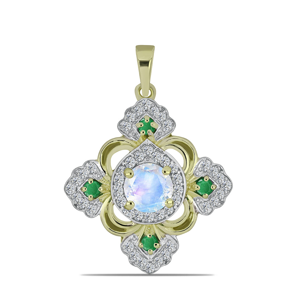 Colgante de Plata Bañada en Oro con Piedra Lunar Arco Iris y Esmeralda de Brasil