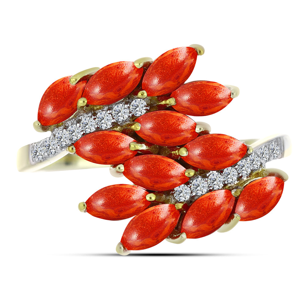Anillo de Plata Bañada en Oro con Coral de Esponja Roja y Topacio Blanco 1 
