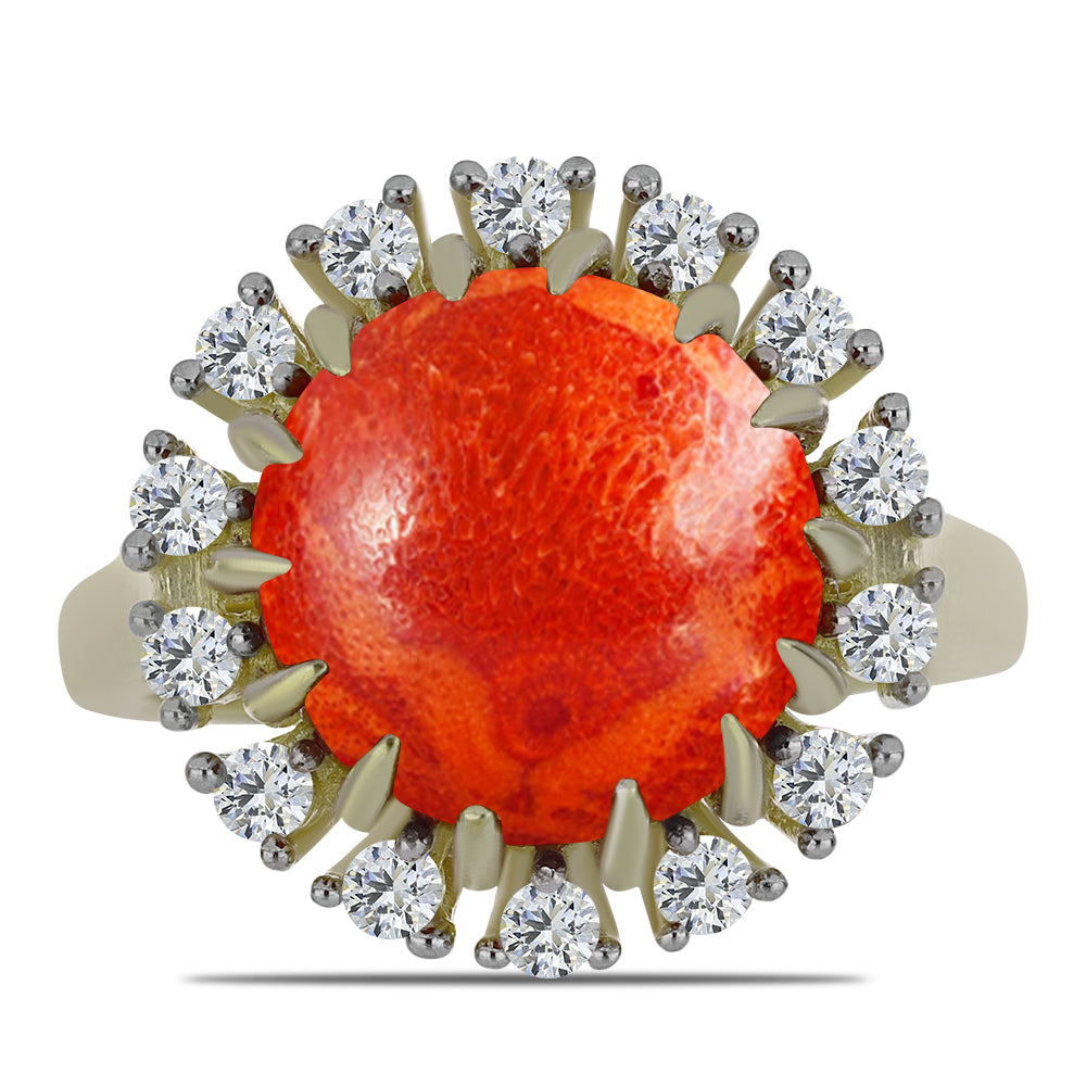 Anillo de Plata Bañada en Oro con Coral de Esponja Roja y Topacio Blanco 1 