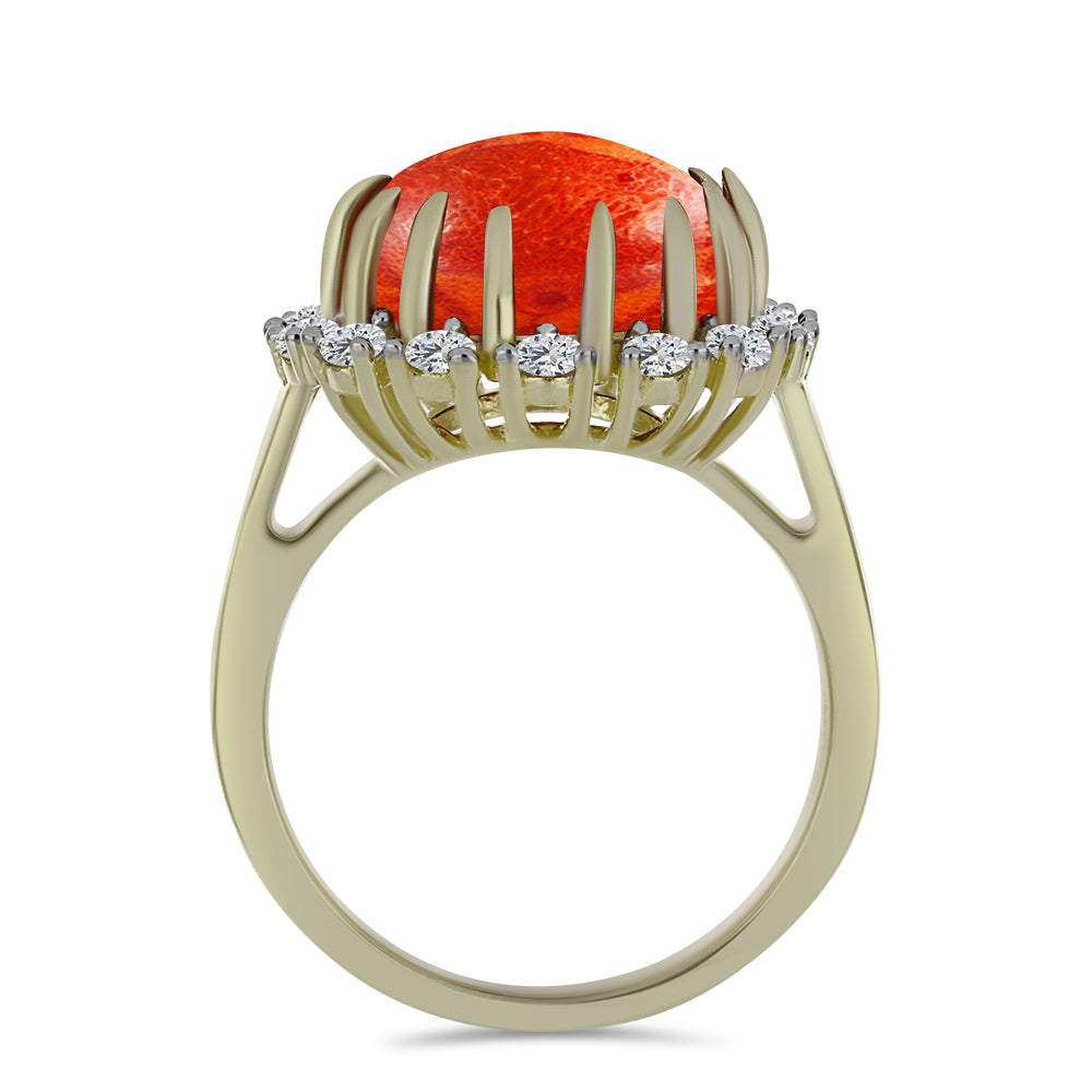 Anillo de Plata Bañada en Oro con Coral de Esponja Roja y Topacio Blanco