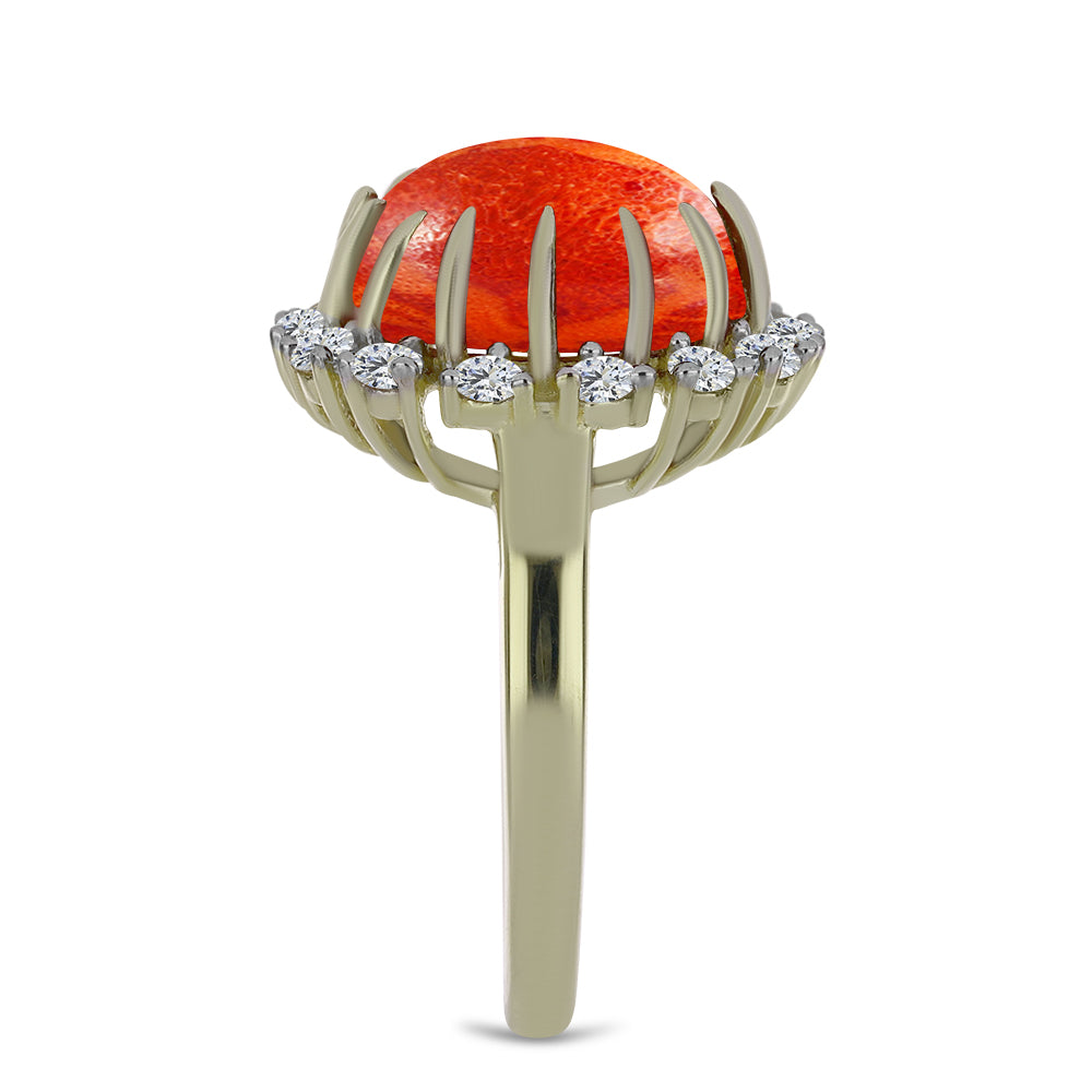Anillo de Plata Bañada en Oro con Coral de Esponja Roja y Topacio Blanco 4 