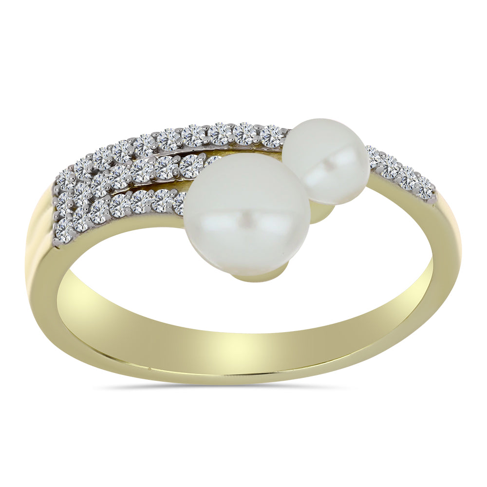 Anillo de Plata Bañada en Oro con Perla blanca de agua dulce y Topacio Blanco