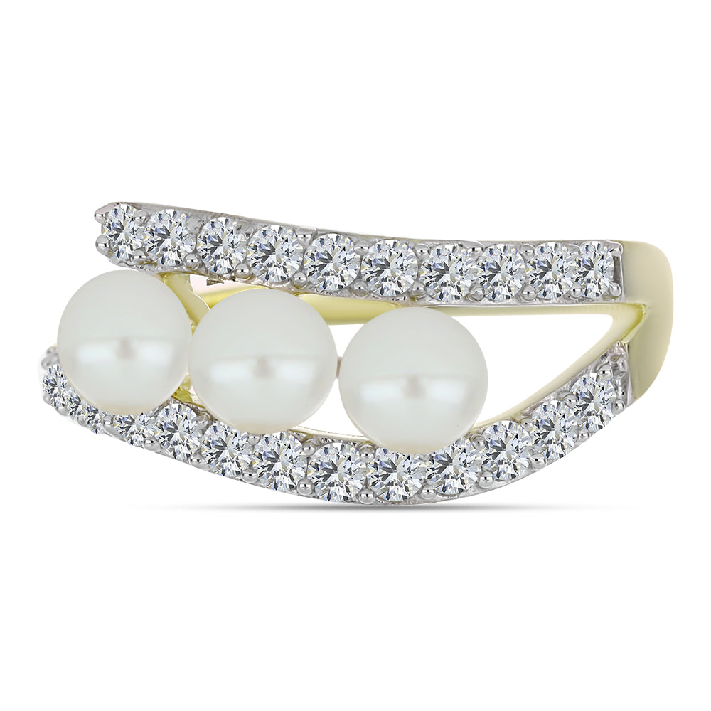Anillo de Plata Bañada en Oro con Perla blanca de agua dulce y Topacio Blanco 2 