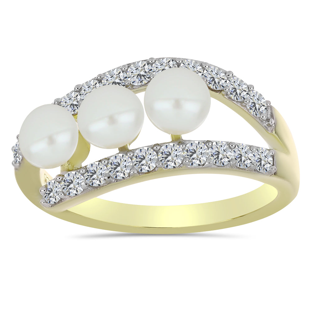 Anillo de Plata Bañada en Oro con Perla blanca de agua dulce y Topacio Blanco 1 