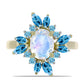 Anillo de Plata Bañada en Oro con Piedra Lunar Arco Iris y Topacio Azul Suizo