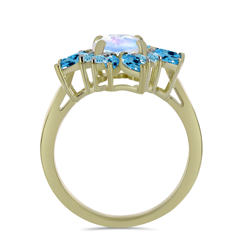 Anillo de Plata Bañada en Oro con Piedra Lunar Arco Iris y Topacio Azul Suizo