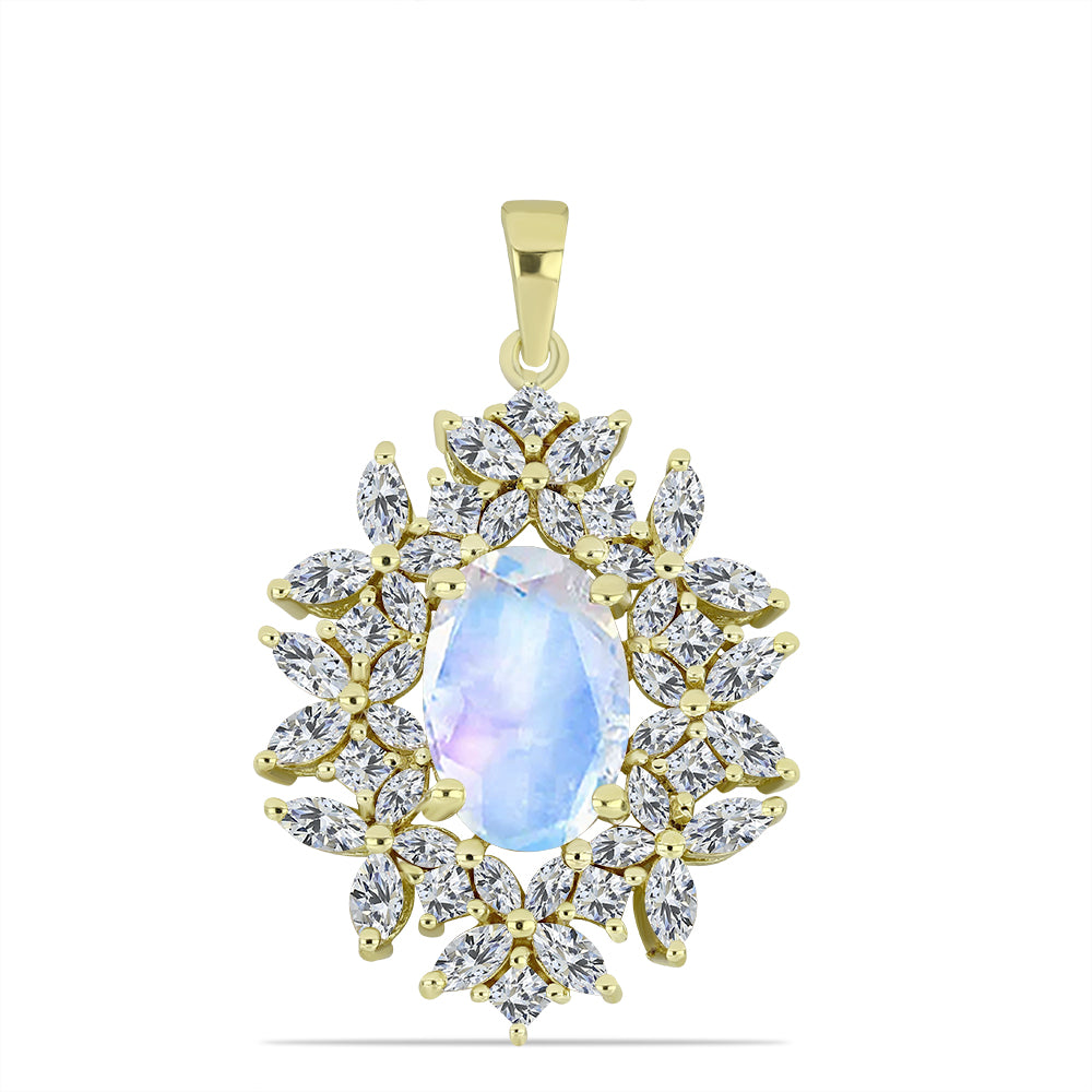Colgante de Plata Bañada en Oro con Piedra Lunar Arco Iris y Zircón Blanco