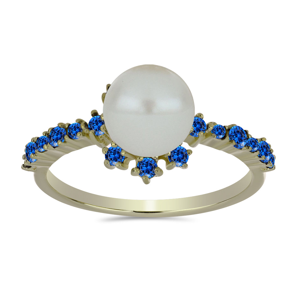 Anillo de Plata Bañada en Oro con Perla blanca de agua dulce y Zafiro Azul Australiano