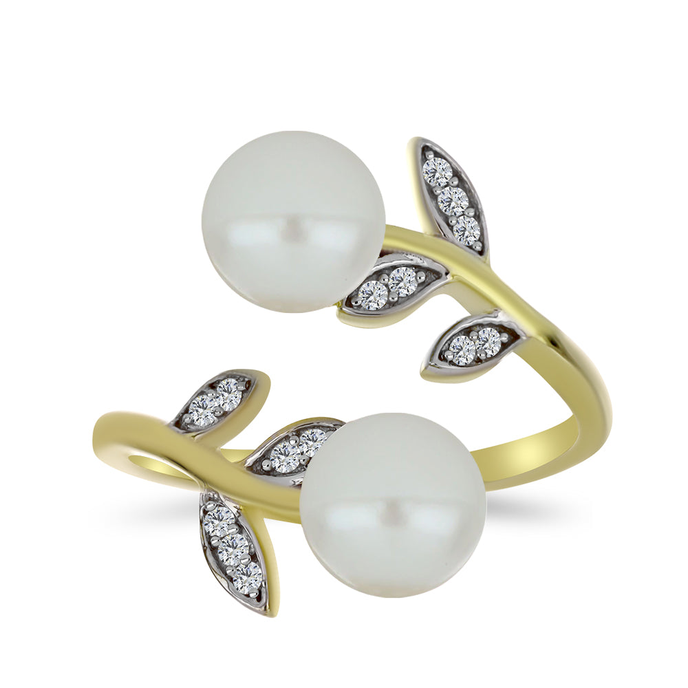Anillo de Plata Bañada en Oro con Perla blanca de agua dulce y Topacio Blanco