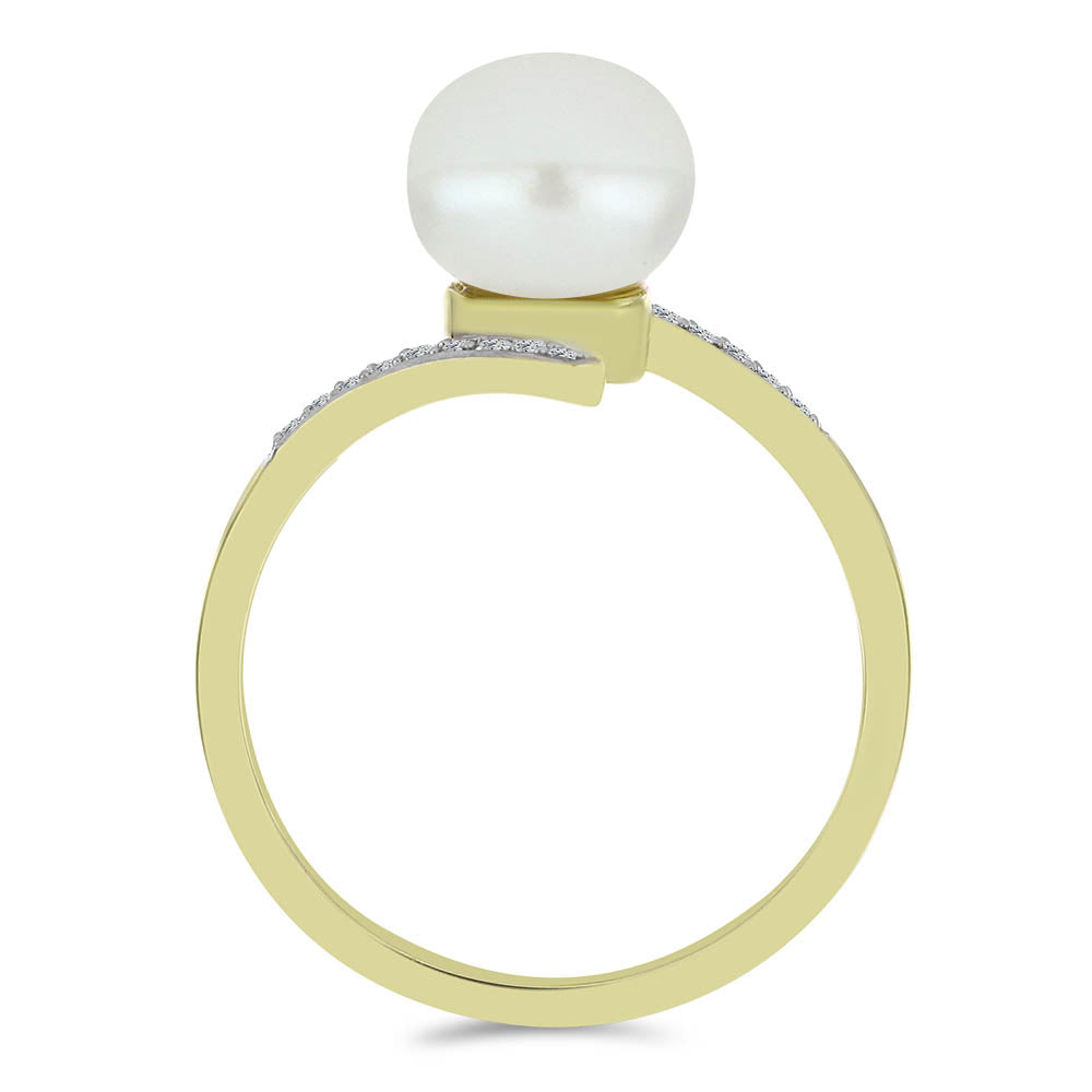 Anillo de Plata Bañada en Oro con Perla blanca de agua dulce y Topacio Blanco