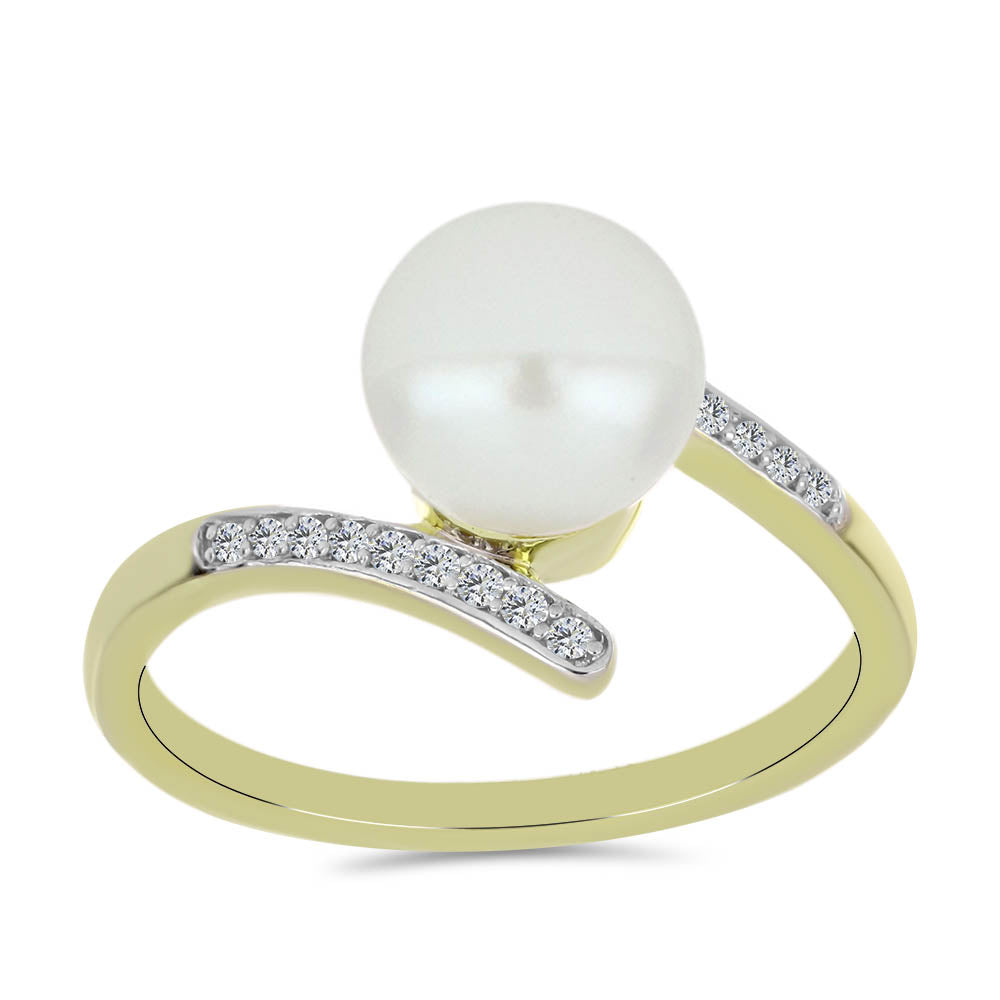 Anillo de Plata Bañada en Oro con Perla blanca de agua dulce y Topacio Blanco