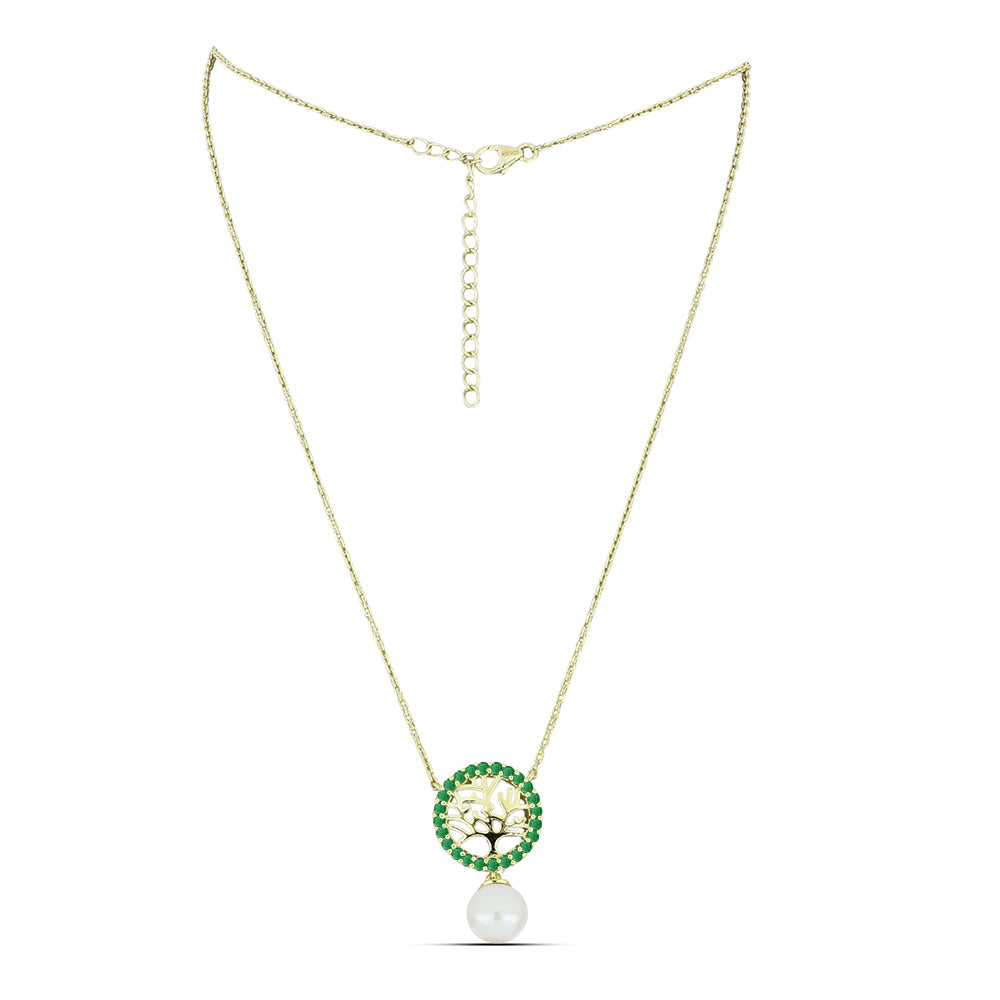 Collar de Plata Bañada en Oro con Perla blanca de agua dulce y Esmeralda de Brasil 1 