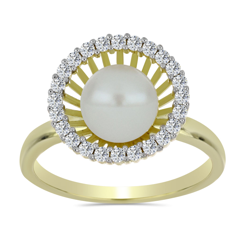 Anillo de Plata Bañada en Oro con Perla blanca de agua dulce y Topacio Blanco