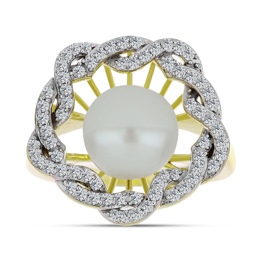 Anillo de Plata Bañada en Oro con Perla blanca de agua dulce y Topacio Blanco