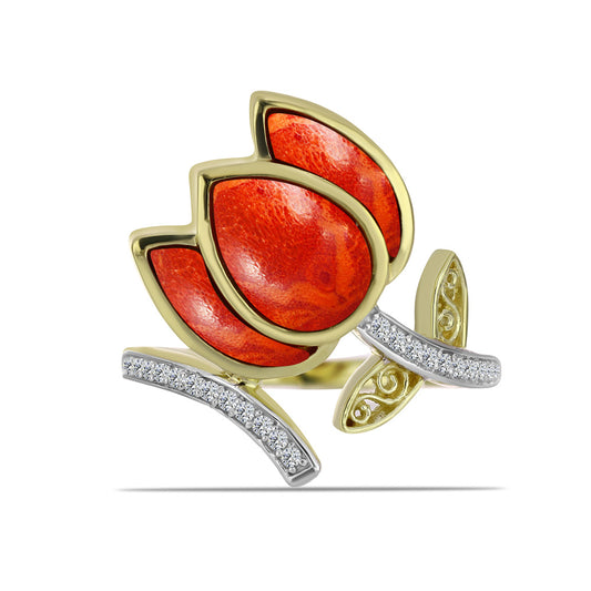Anillo de Plata Bañada en Oro con Coral de Esponja Roja y Topacio Blanco