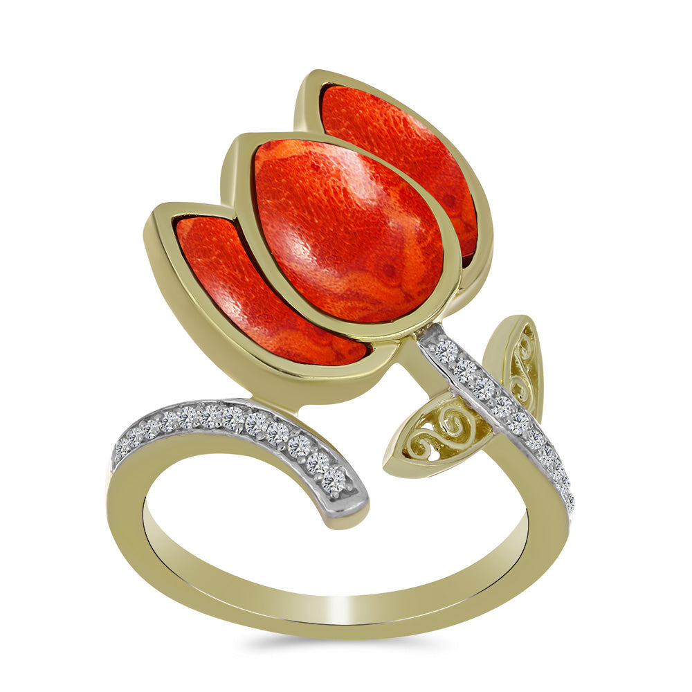 Anillo de Plata Bañada en Oro con Coral de Esponja Roja y Topacio Blanco