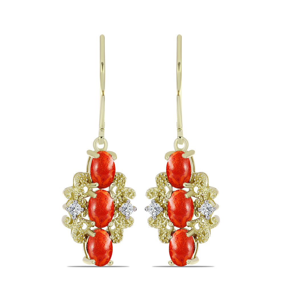 Pendientes de Plata Bañada en Oro con Coral de Esponja Roja y Topacio Blanco 1 