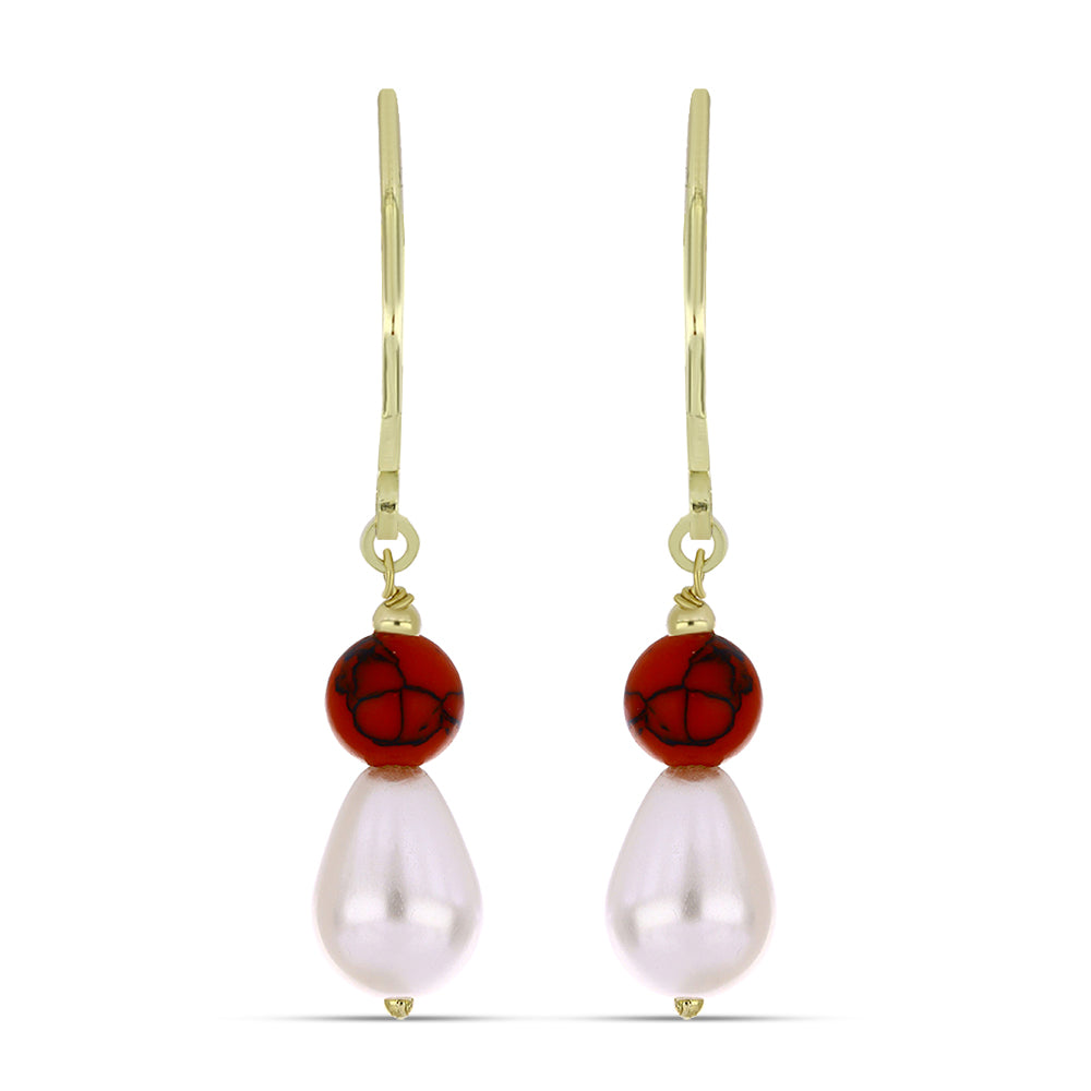 Pendientes de Plata Bañada en Oro con Coral de Esponja Roja y Perla blanca de agua dulce