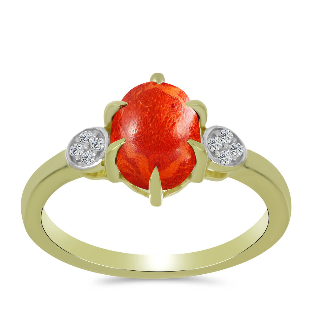 Anillo de Plata Bañada en Oro con Coral de Esponja Roja y Topacio Blanco