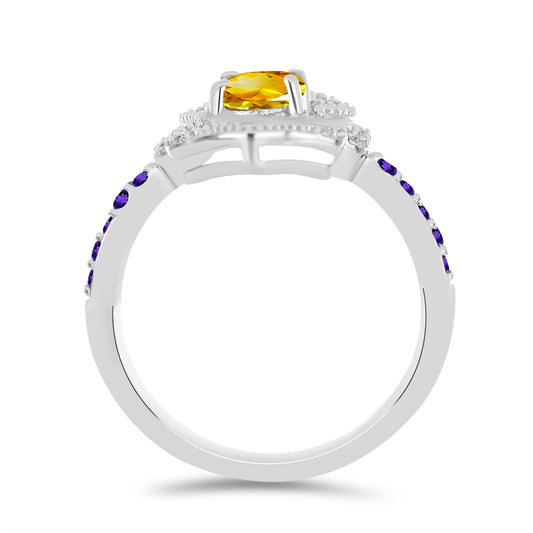 Anillo de Plata con Citrino de los Montes Urales y Amatista de Marruecos