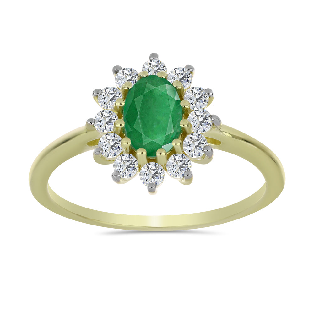 Anillo de Plata Bañada en Oro con Esmeralda de Zambia y Topacio Blanco 3 
