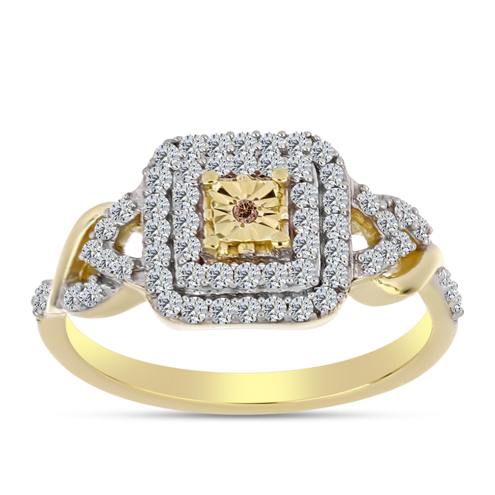Anillo de Plata Bañada en Oro con Diamante Cognac y Topacio Blanco 3 