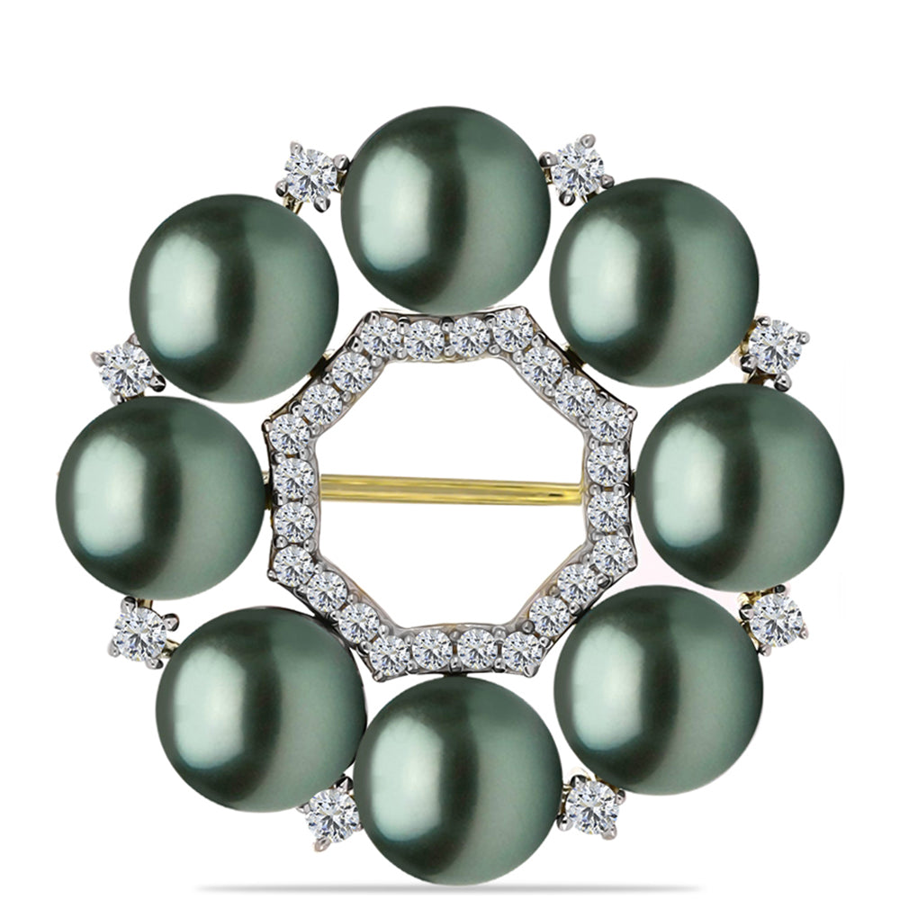 Broche de Plata Bañada en Oro con Perla de río Tahiti verde ilusión y Topacio Blanco 1 