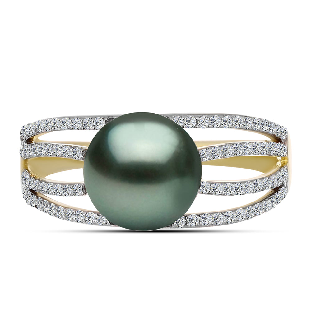Anillo de Plata Bañada en Oro con Perla de río Tahiti verde ilusión y Topacio Blanco 1 