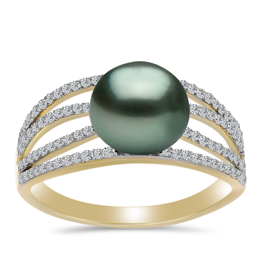 Anillo de Plata Bañada en Oro con Perla de río Tahiti verde ilusión y Topacio Blanco