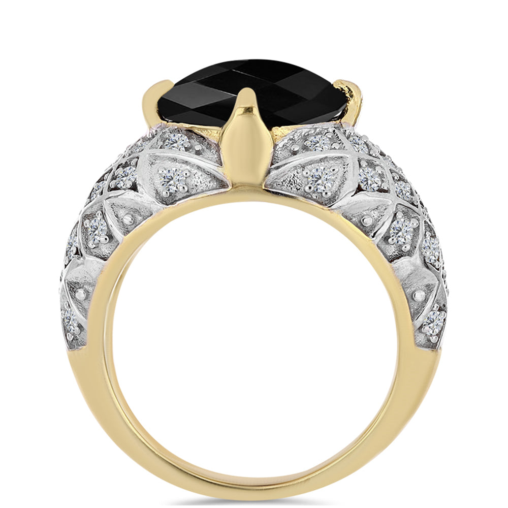 Anillo de Plata Bañada en Oro con Ónix Negro y Topacio Blanco 2 