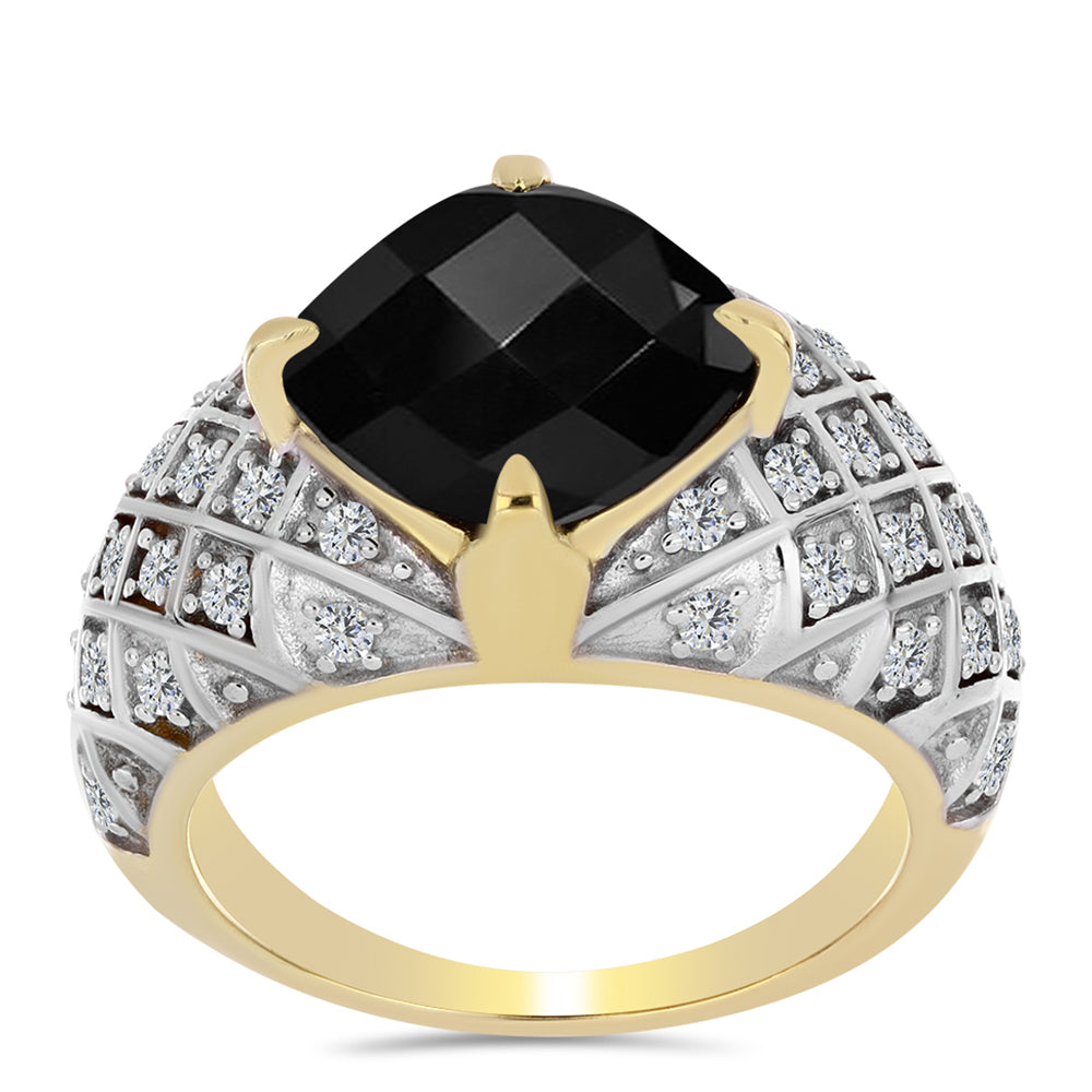 Anillo de Plata Bañada en Oro con Ónix Negro y Topacio Blanco