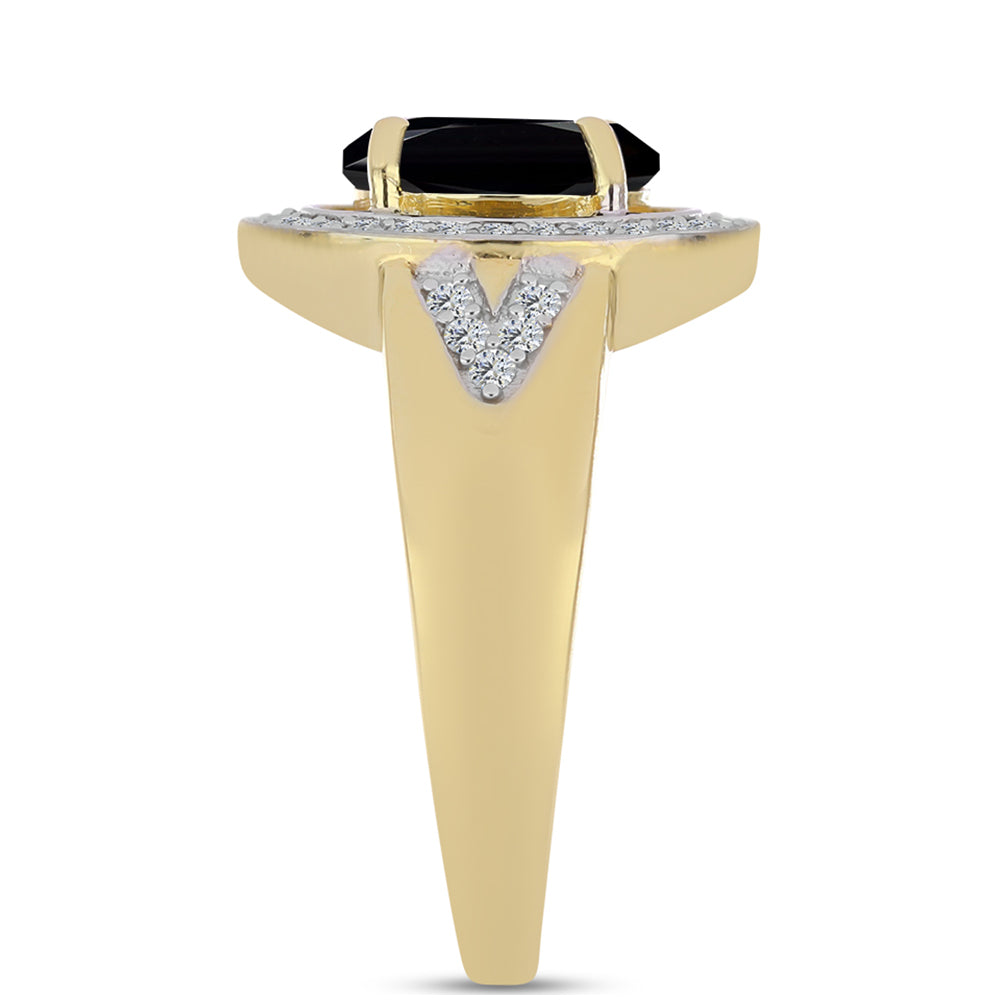 Anillo de Plata Bañada en Oro con Ónix Negro y Topacio Blanco