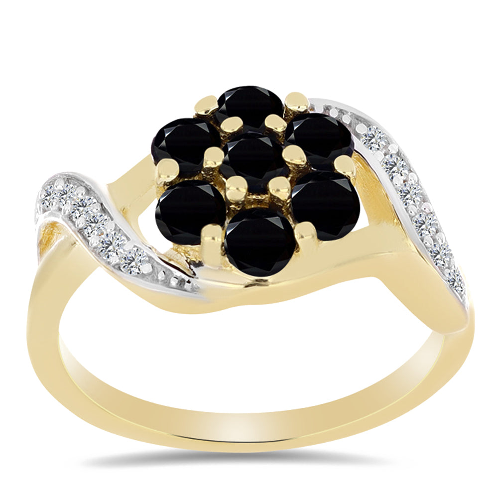 Anillo de Plata Bañada en Oro con Ónix Negro y Topacio Blanco
