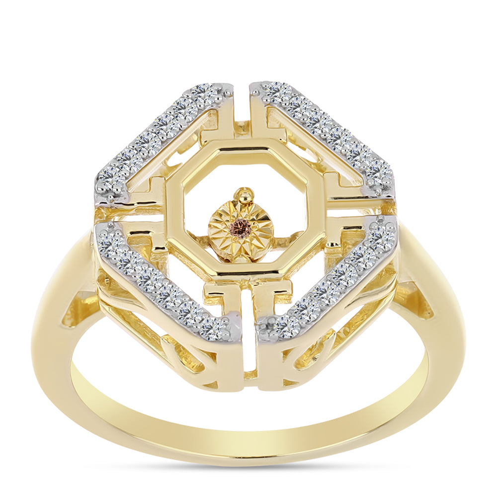 Anillo de Plata Bañada en Oro con Diamante Cognac y Topacio Blanco