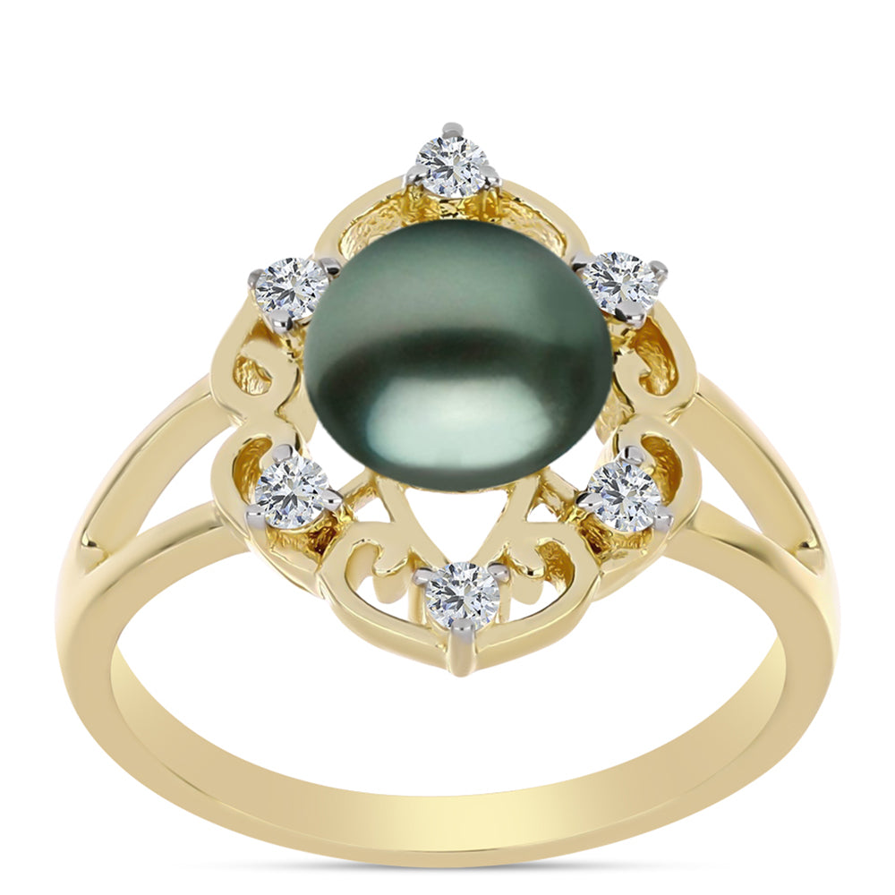 Anillo de Plata Bañada en Oro con Perla de río Tahiti verde ilusión y Topacio Blanco
