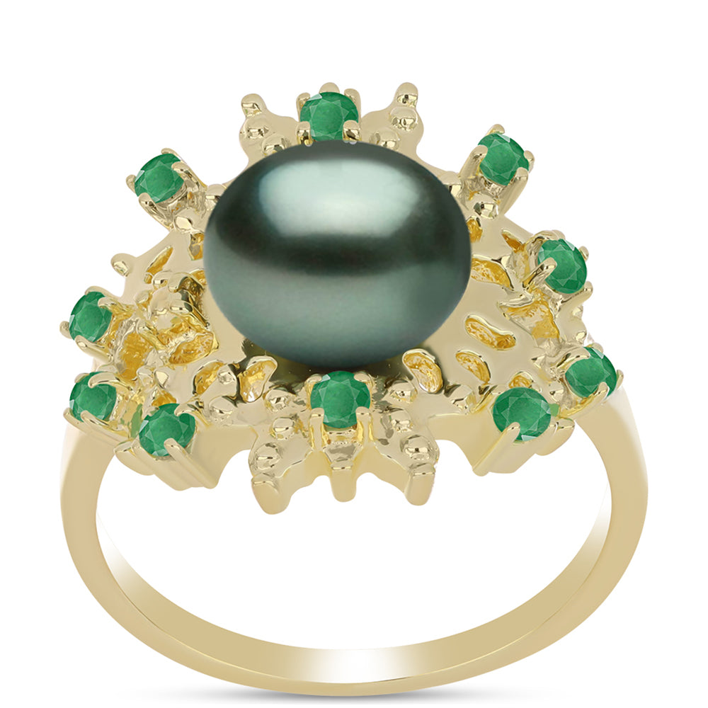 Anillo de Plata Bañada en Oro con Perla de río Tahiti verde ilusión y Esmeralda de Brasil