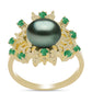 Anillo de Plata Bañada en Oro con Perla de río Tahiti verde ilusión y Esmeralda de Brasil