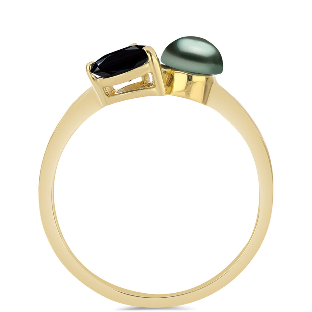 Anillo de Plata Bañada en Oro con Perla de río Tahiti verde ilusión y Espinela Negra de Badakhshan Gorno 2 
