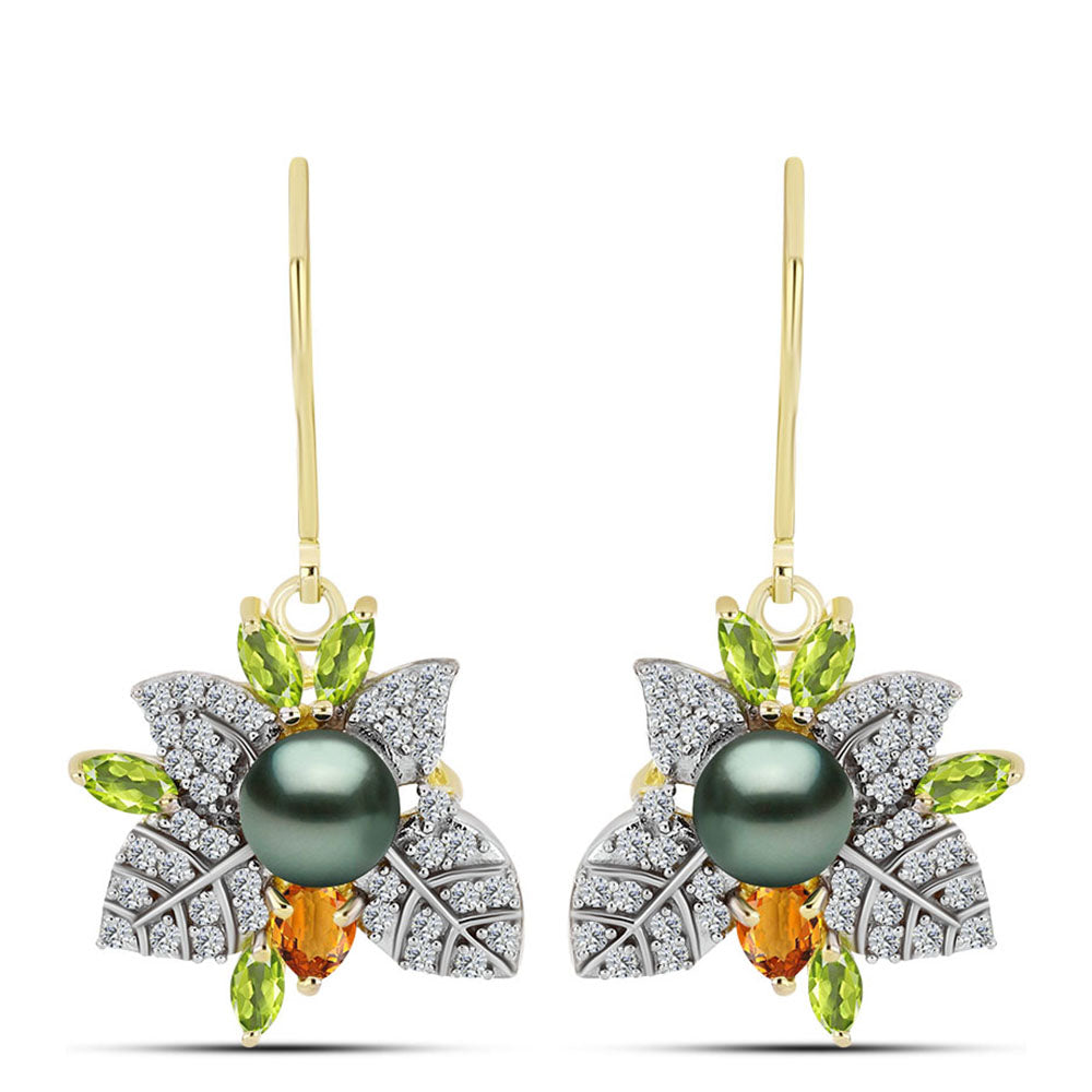Pendientes de Plata Bañada en Oro con Perla de río Tahiti verde ilusión y Citrino de los Montes Urales