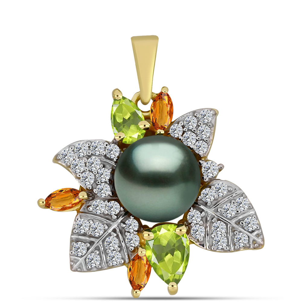 Colgante de Plata Bañada en Oro con Perla de río Tahiti verde ilusión y Peridoto de Changbai 1 