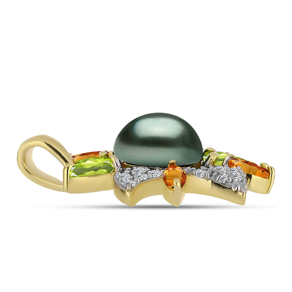 Colgante de Plata Bañada en Oro con Perla de río Tahiti verde ilusión y Peridoto de Changbai 2 