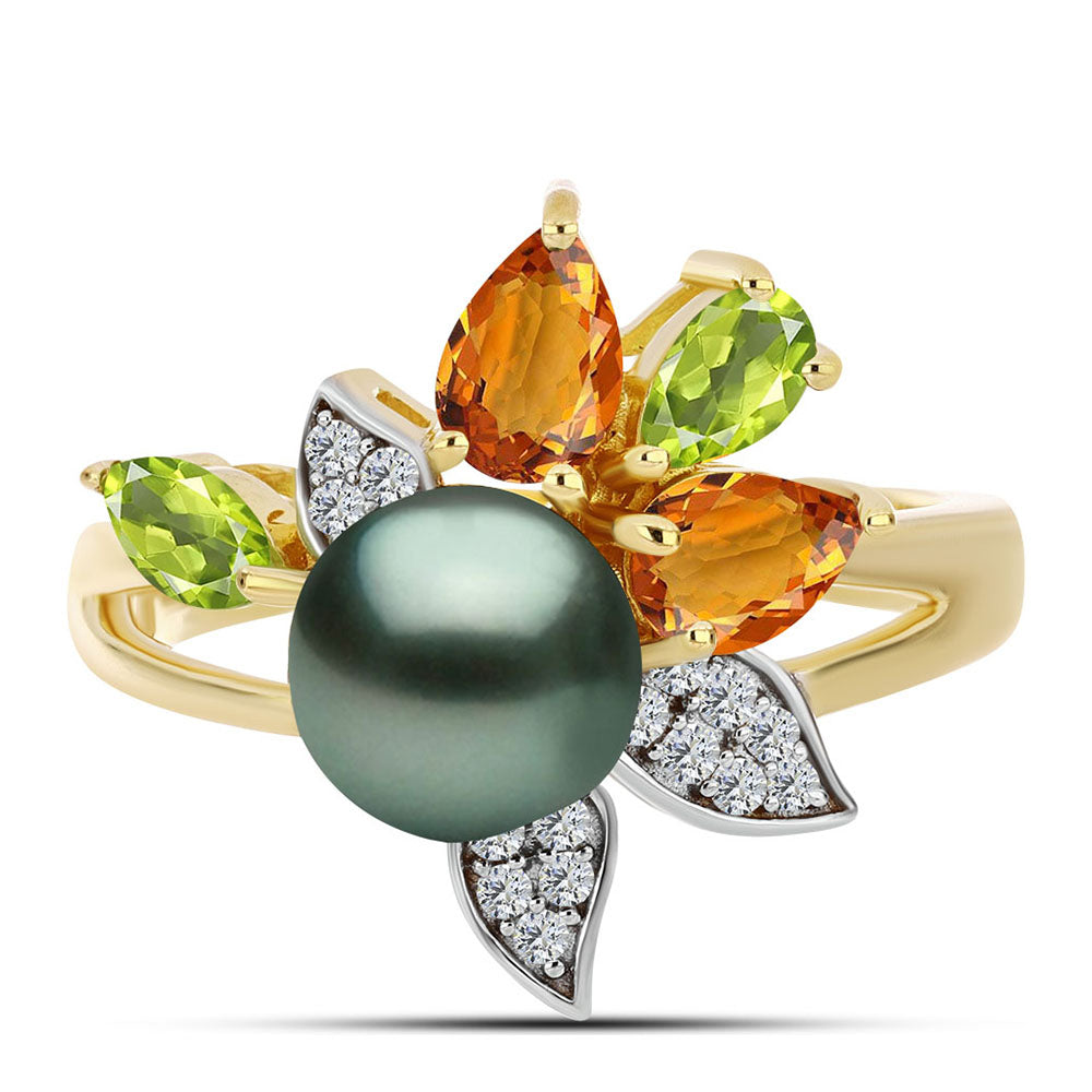 Anillo de Plata Bañada en Oro con Perla de río Tahiti verde ilusión y Citrino de los Montes Urales 1 